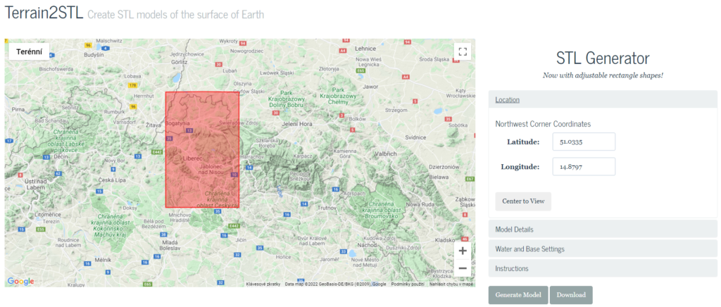 Pohled do aplikace STL Generator - vpravo vybíráme místo podle souřadnic. Např. 50 latitude a 15 longitude je ČR. / Screenshot of STL Generator website. On the right side we can choose our position.